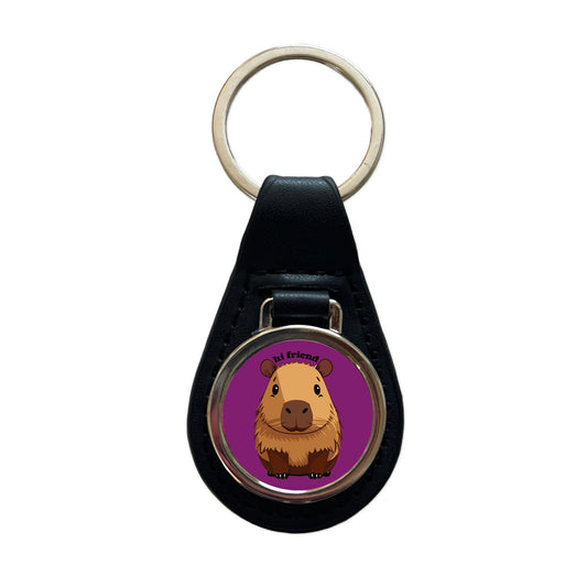 Capybara Hi Friend Hello Funny Black Leather Metal Keychain