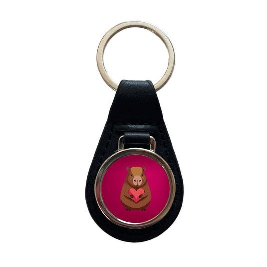 Capybara Love Holding Heart Valentines Day Anniversary Black Leather Metal Keychain