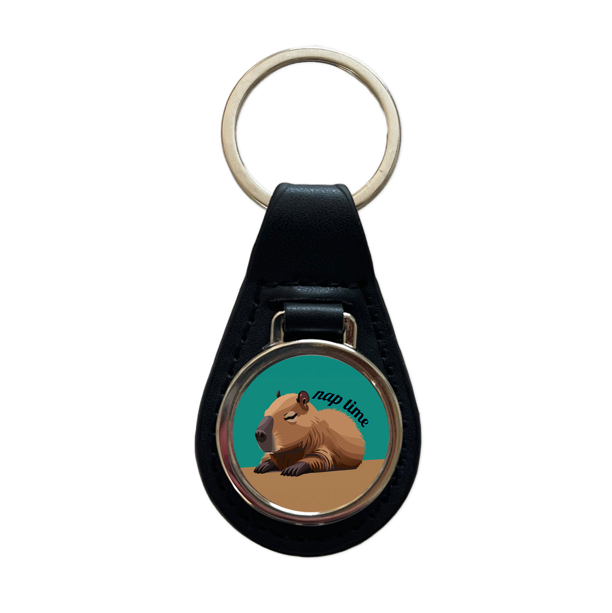 Capybara Nap Time Napping Sleeping Tired Black Leather Metal Keychain