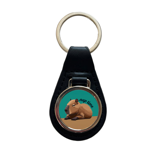 Capybara Nap Time Napping Sleeping Tired Black Leather Metal Keychain