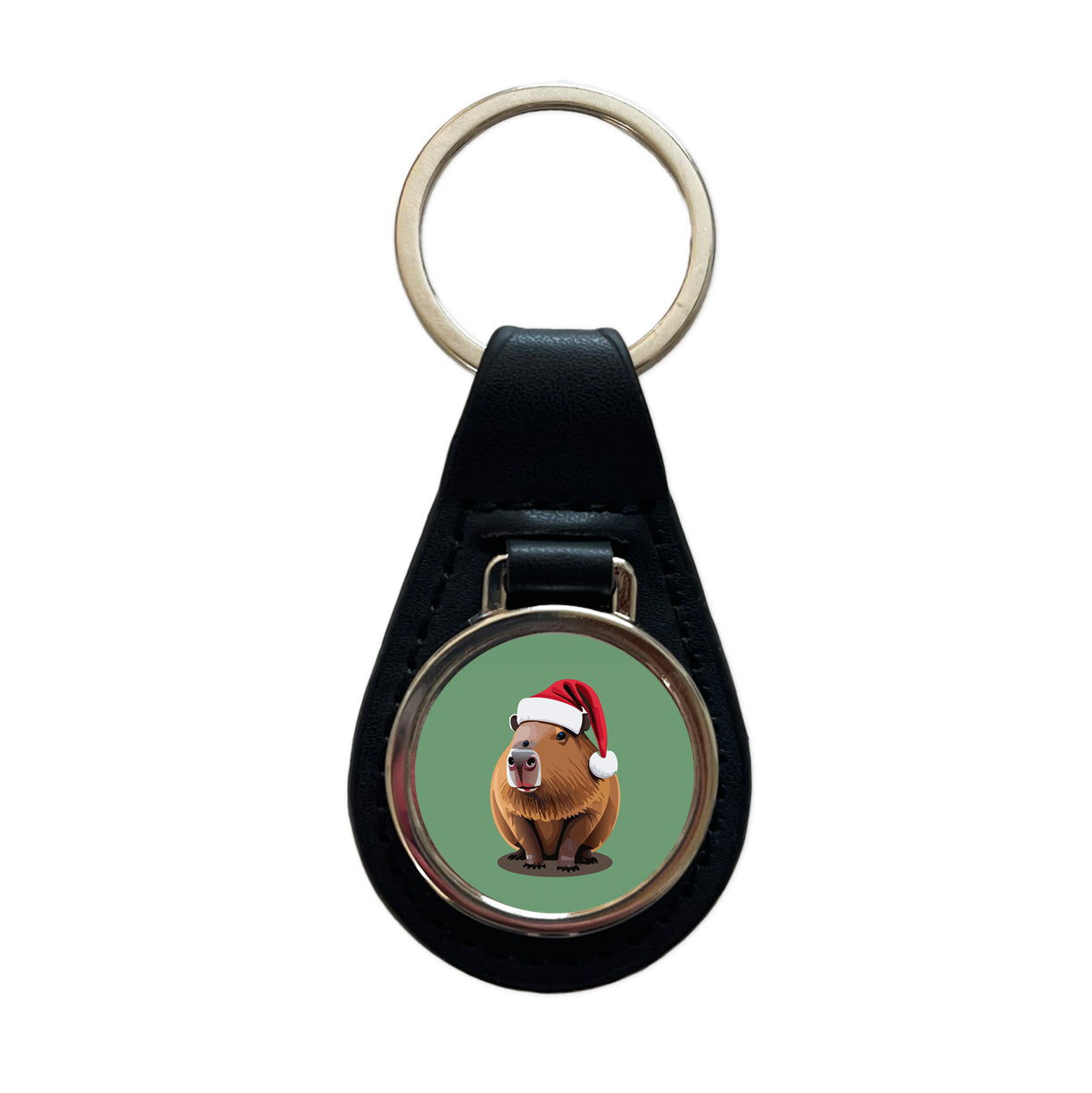 Capybara Santa Hat Christmas Black Leather Metal Keychain