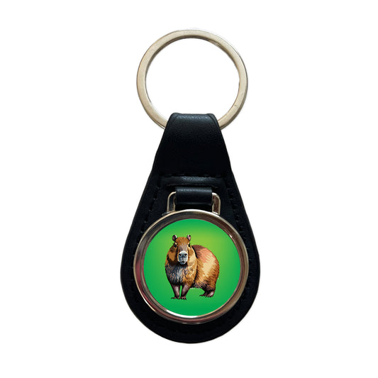 Capybara Standing Black Leather Metal Keychain