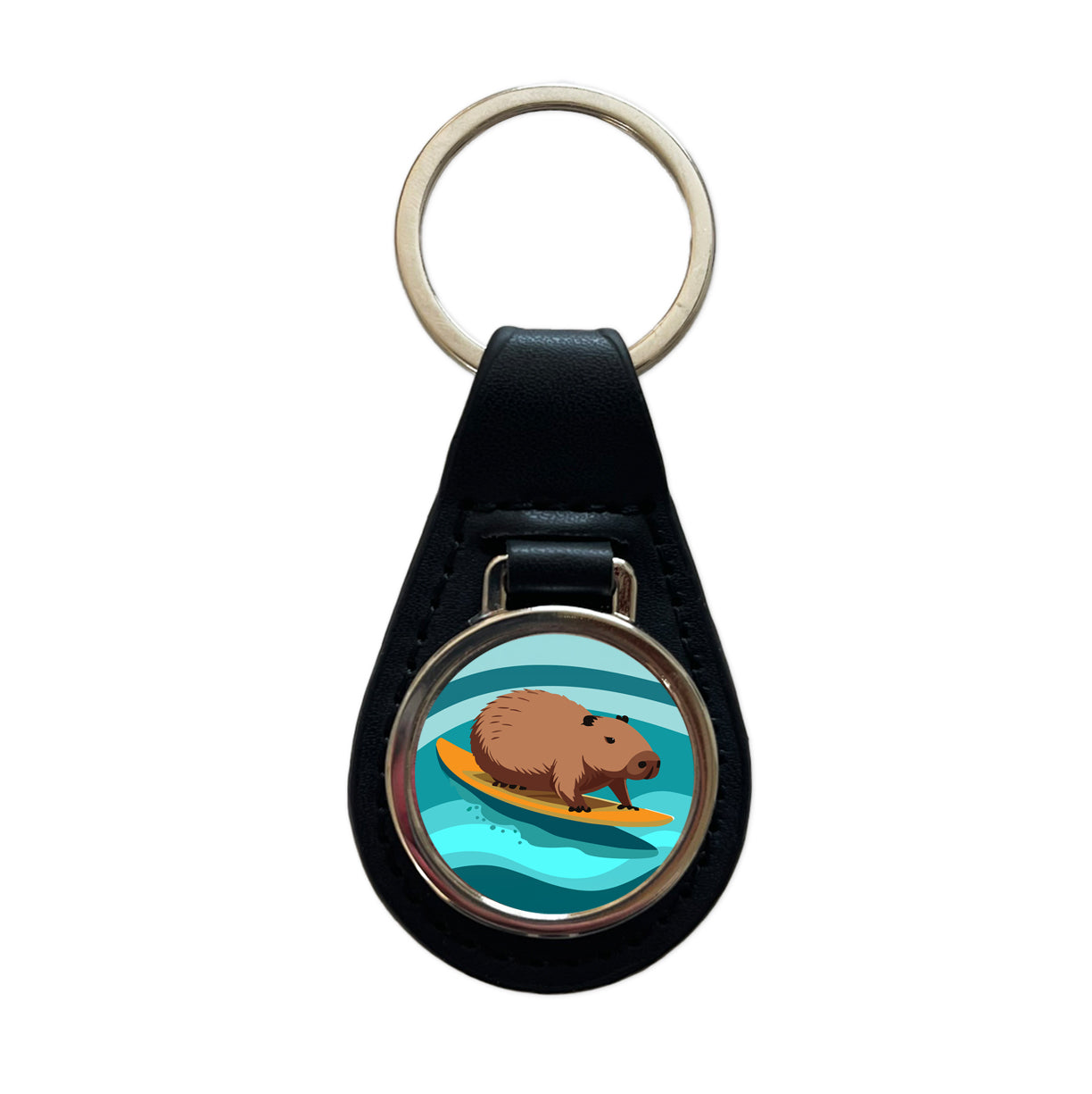 Capybara Surfing Surfer Ocean Funny Black Leather Metal Keychain