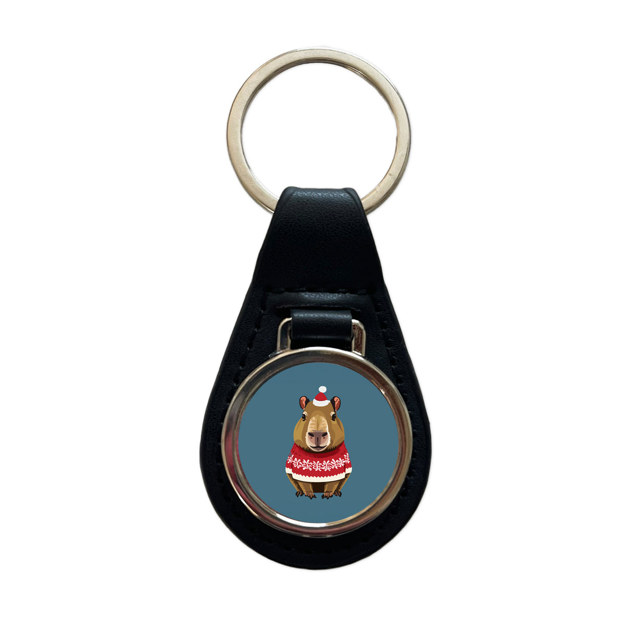 Capybara Wearing Christmas Sweater Funny Black Leather Metal Keychain