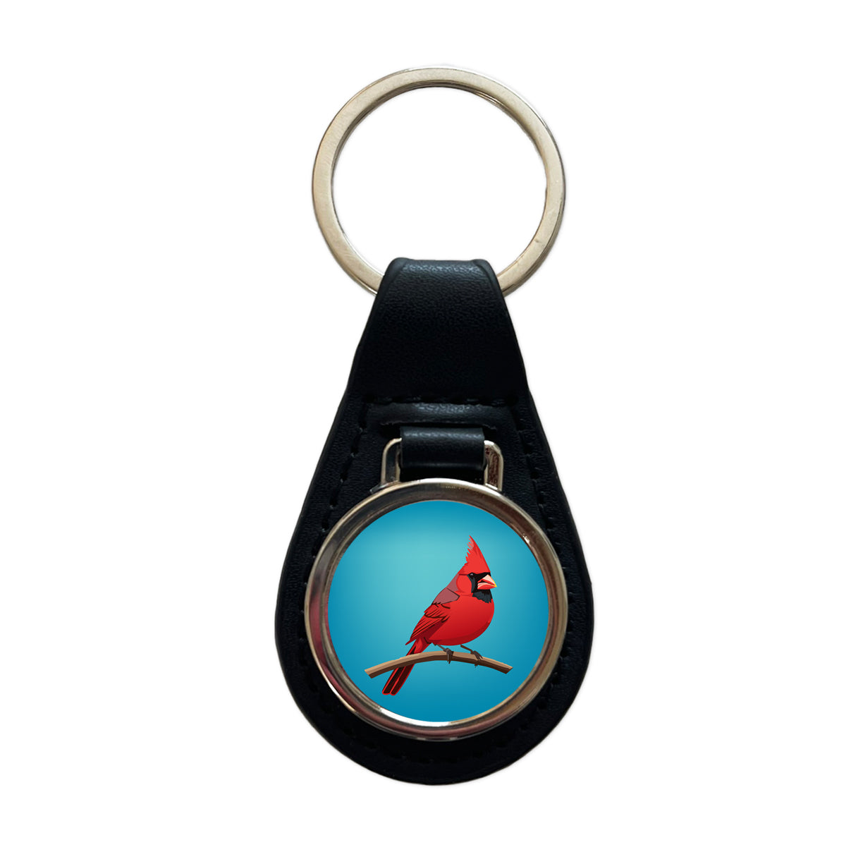 Cardinal Red on Branch Black Leather Metal Keychain