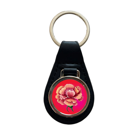 Carnation Flower Watercolor Black Leather Metal Keychain