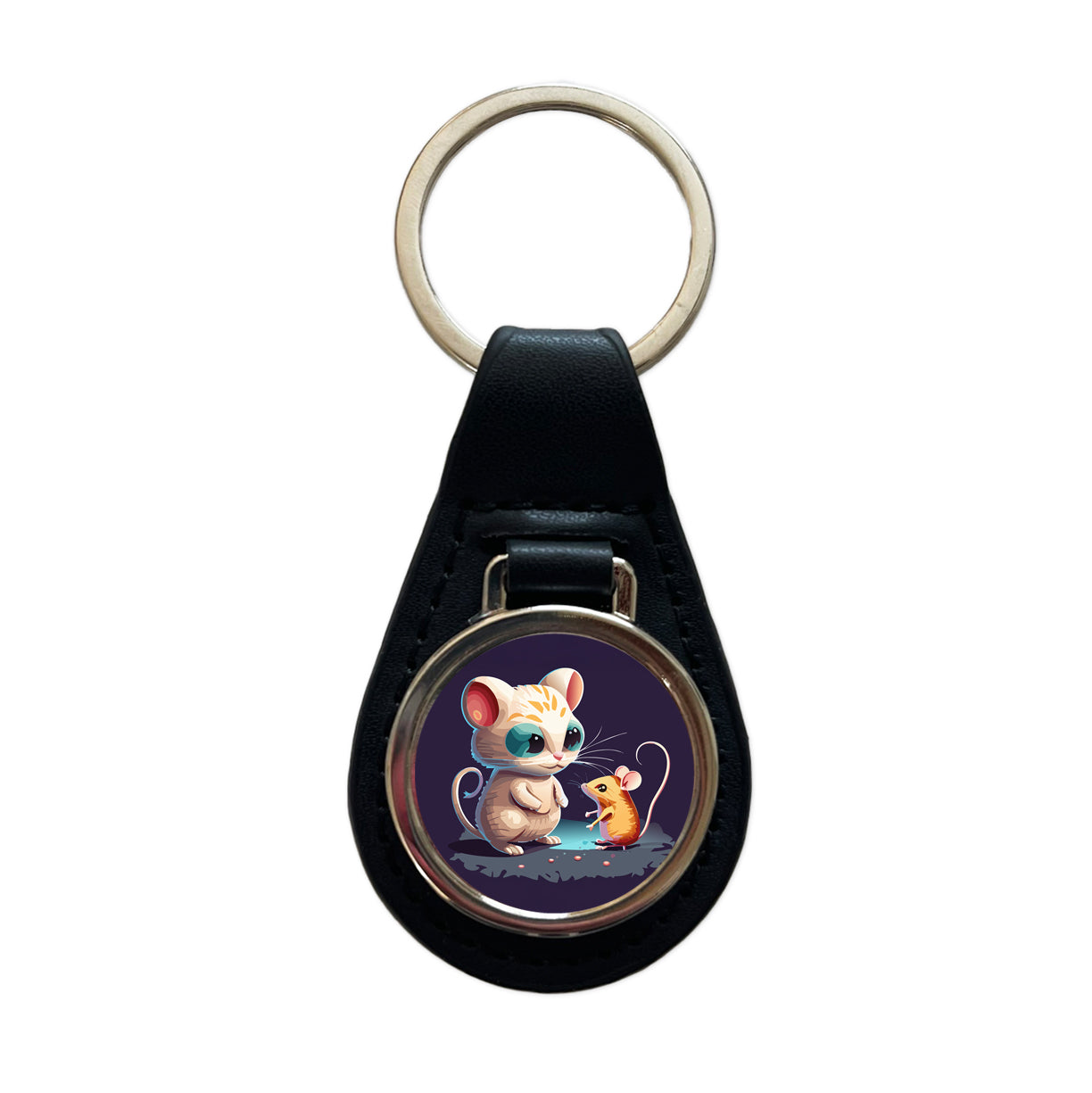 Cat and Mouse Playing Black Leather Metal Keychain