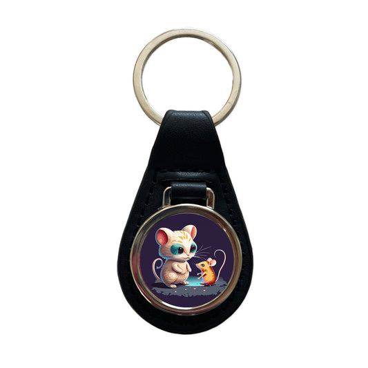 Cat and Mouse Playing Black Leather Metal Keychain
