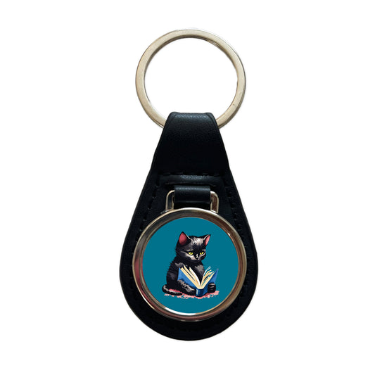 Cat Black Reading Book Reader Black Leather Metal Keychain
