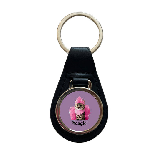 Cat Bougie Funny Pink Feather Boa Black Leather Metal Keychain