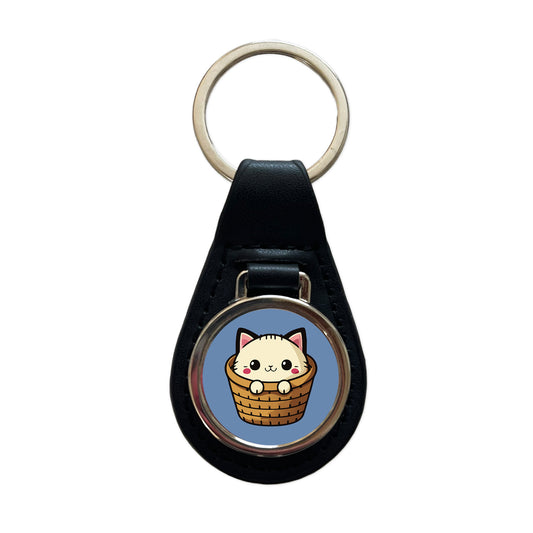 Cat Cute Chibi in Basket Black Leather Metal Keychain