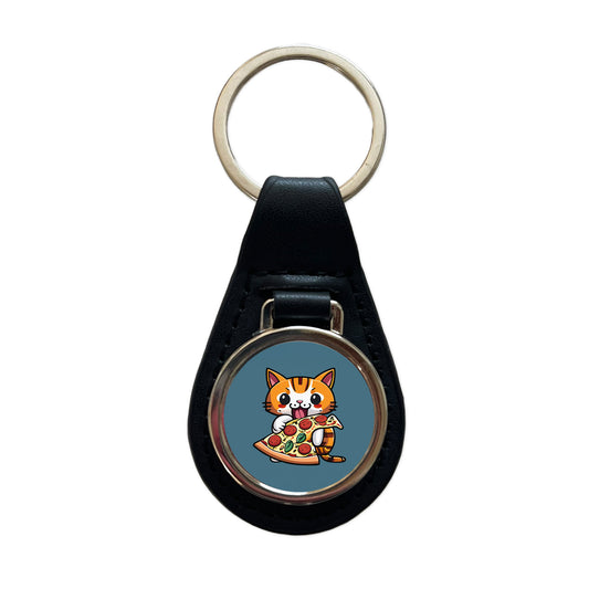 Cat Eating Pizza Funny Black Leather Metal Keychain