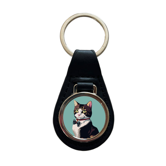 Cat Fancy with Bowtie Black Leather Metal Keychain
