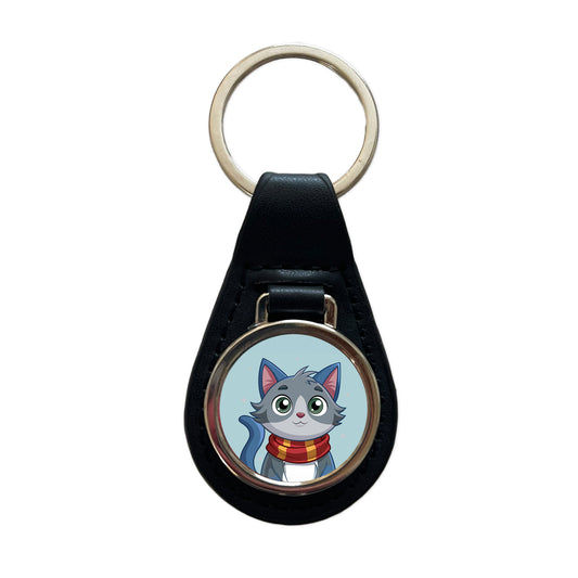 Cat Gray Wearing Winter Scarf Black Leather Metal Keychain