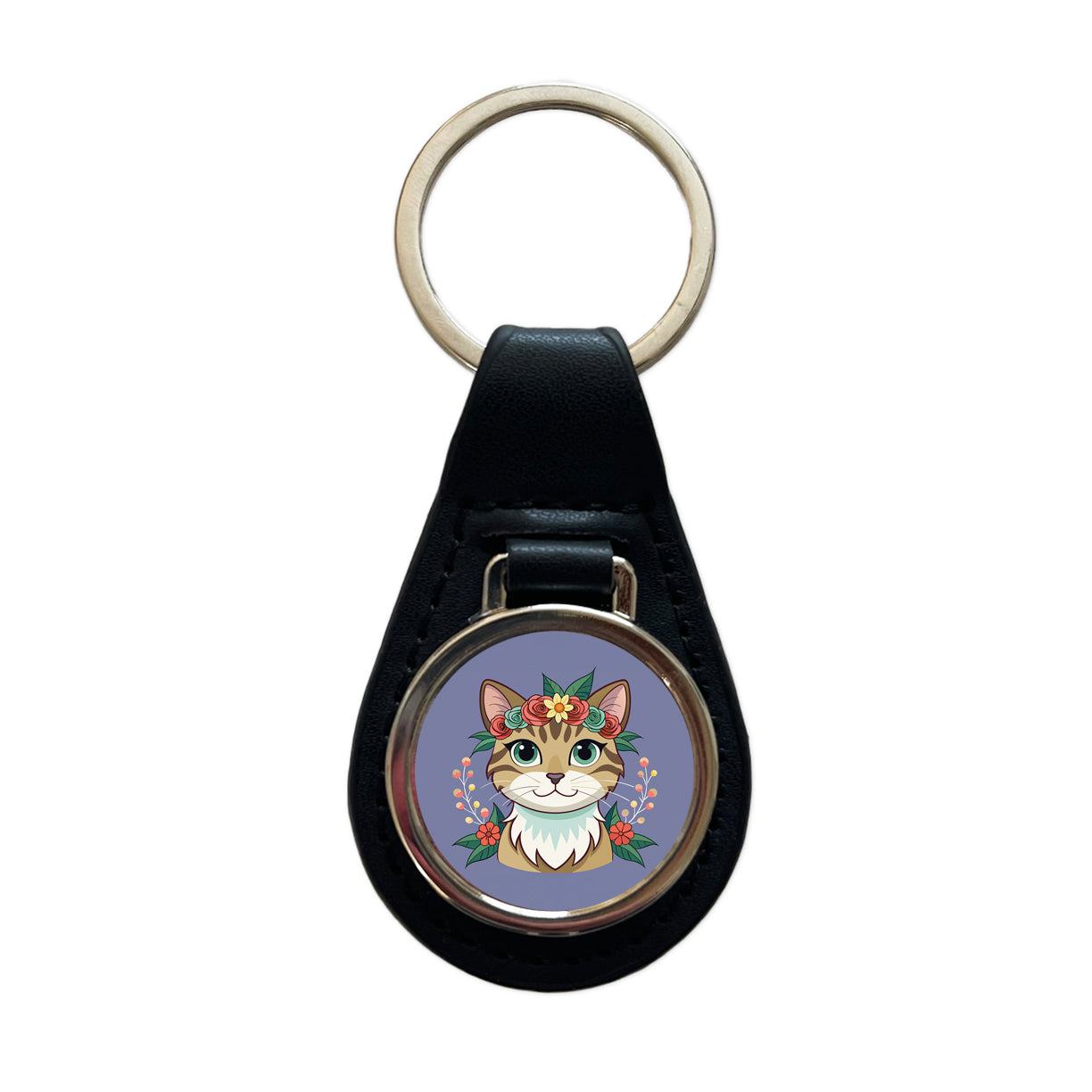 Cat Head Floral Flowers Black Leather Metal Keychain