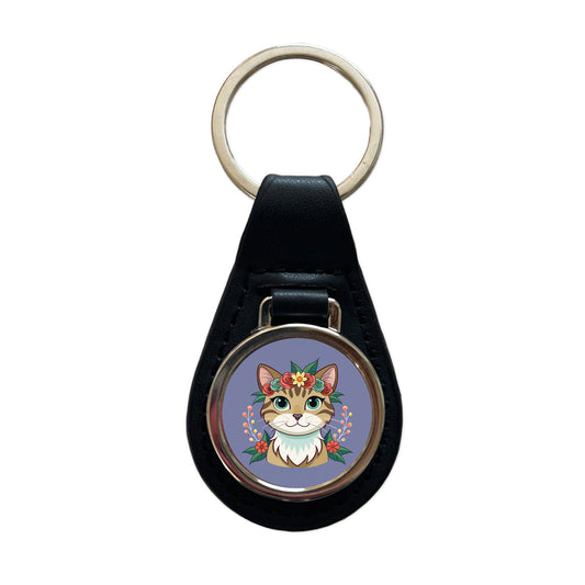 Cat Head Floral Flowers Black Leather Metal Keychain