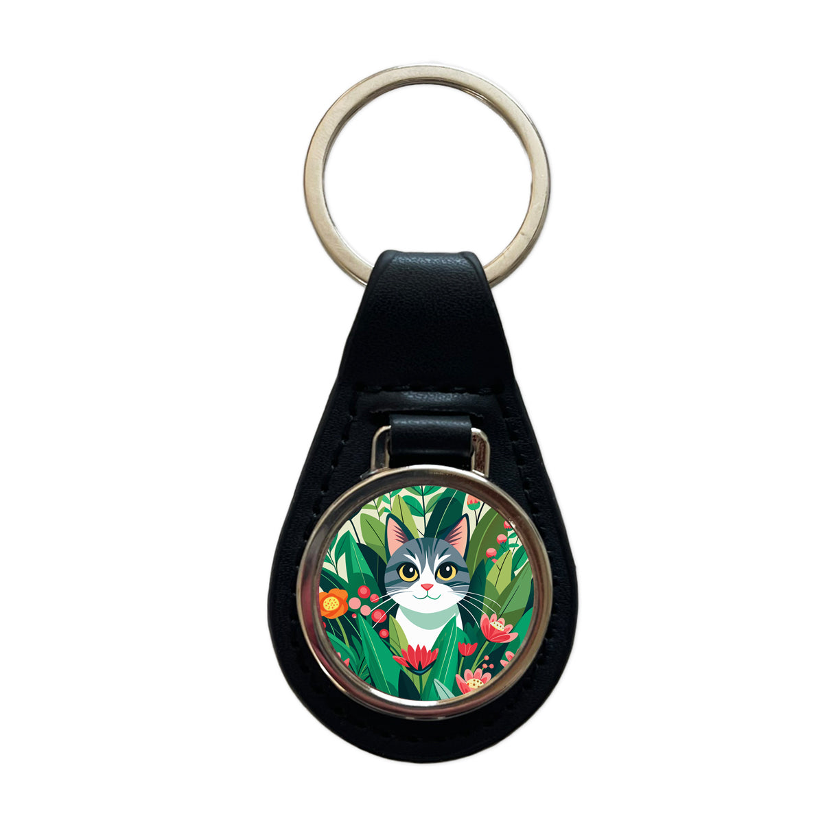 Cat Hiding in Flower Garden Black Leather Metal Keychain