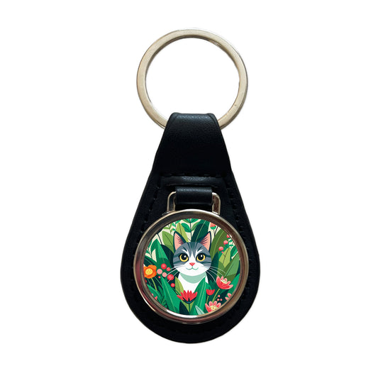 Cat Hiding in Flower Garden Black Leather Metal Keychain