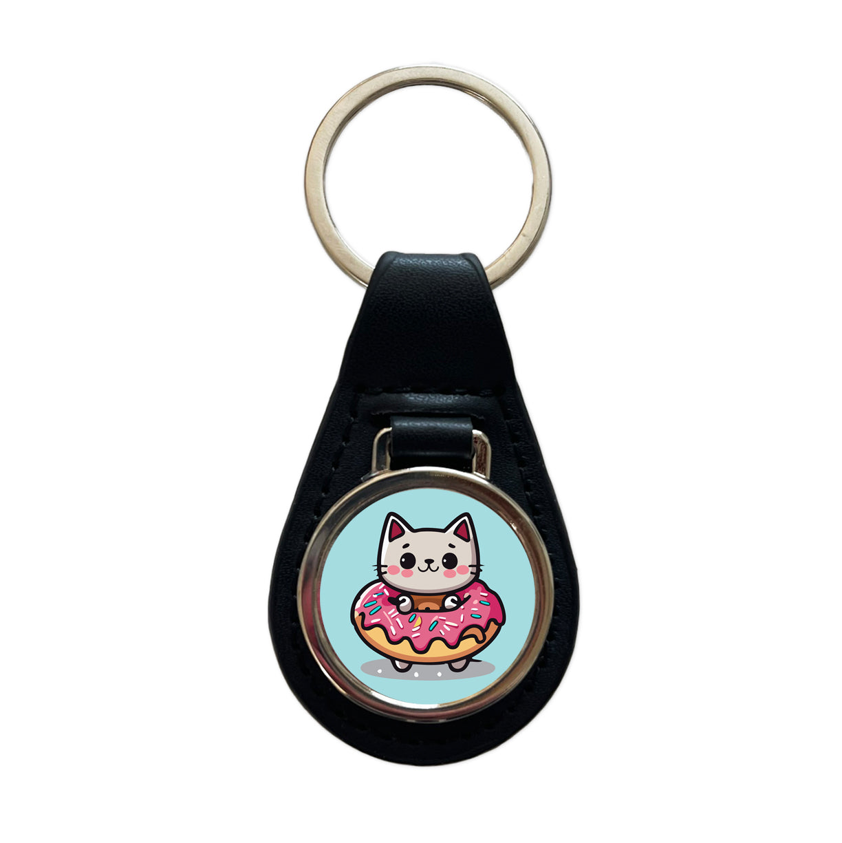 Cat Kawaii Cute in Donut Black Leather Metal Keychain