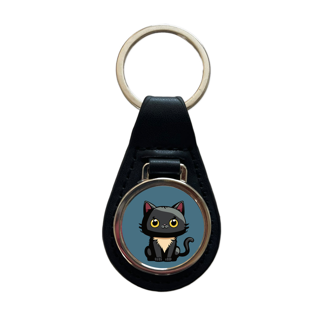 Cat Kitty Chibi Black Leather Metal Keychain
