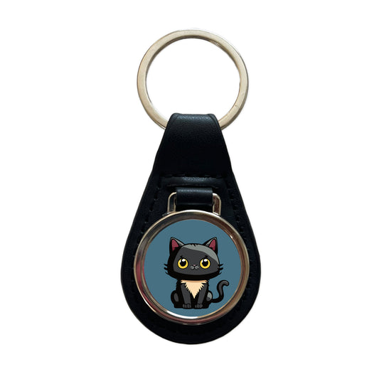 Cat Kitty Chibi Black Leather Metal Keychain
