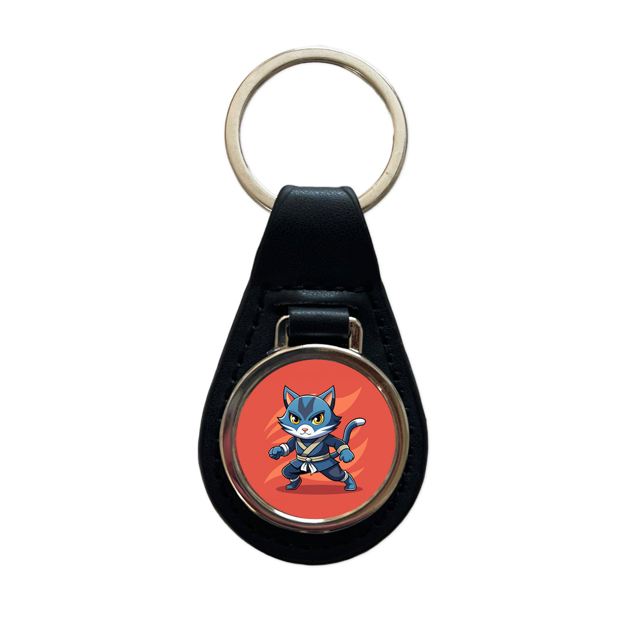 Cat Ninja Black Leather Metal Keychain