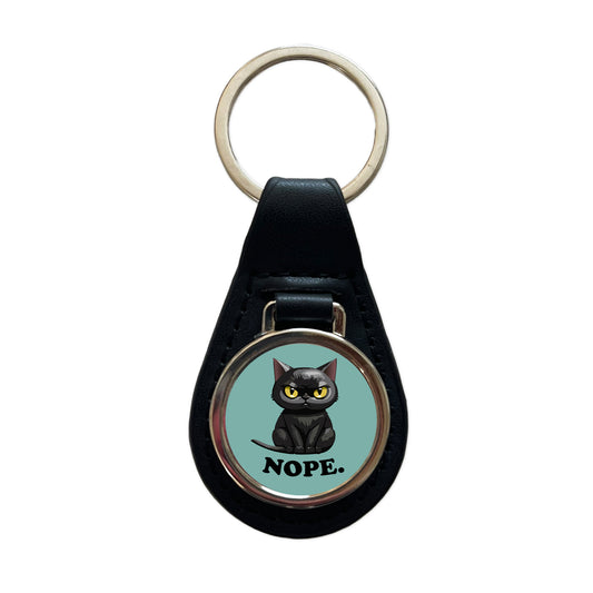 Cat Nope Funny Black Black Leather Metal Keychain