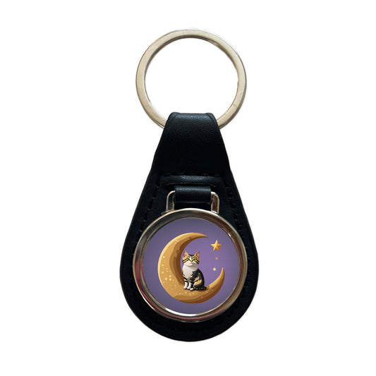 Cat on Crescent Moon Stars Cute Black Leather Metal Keychain