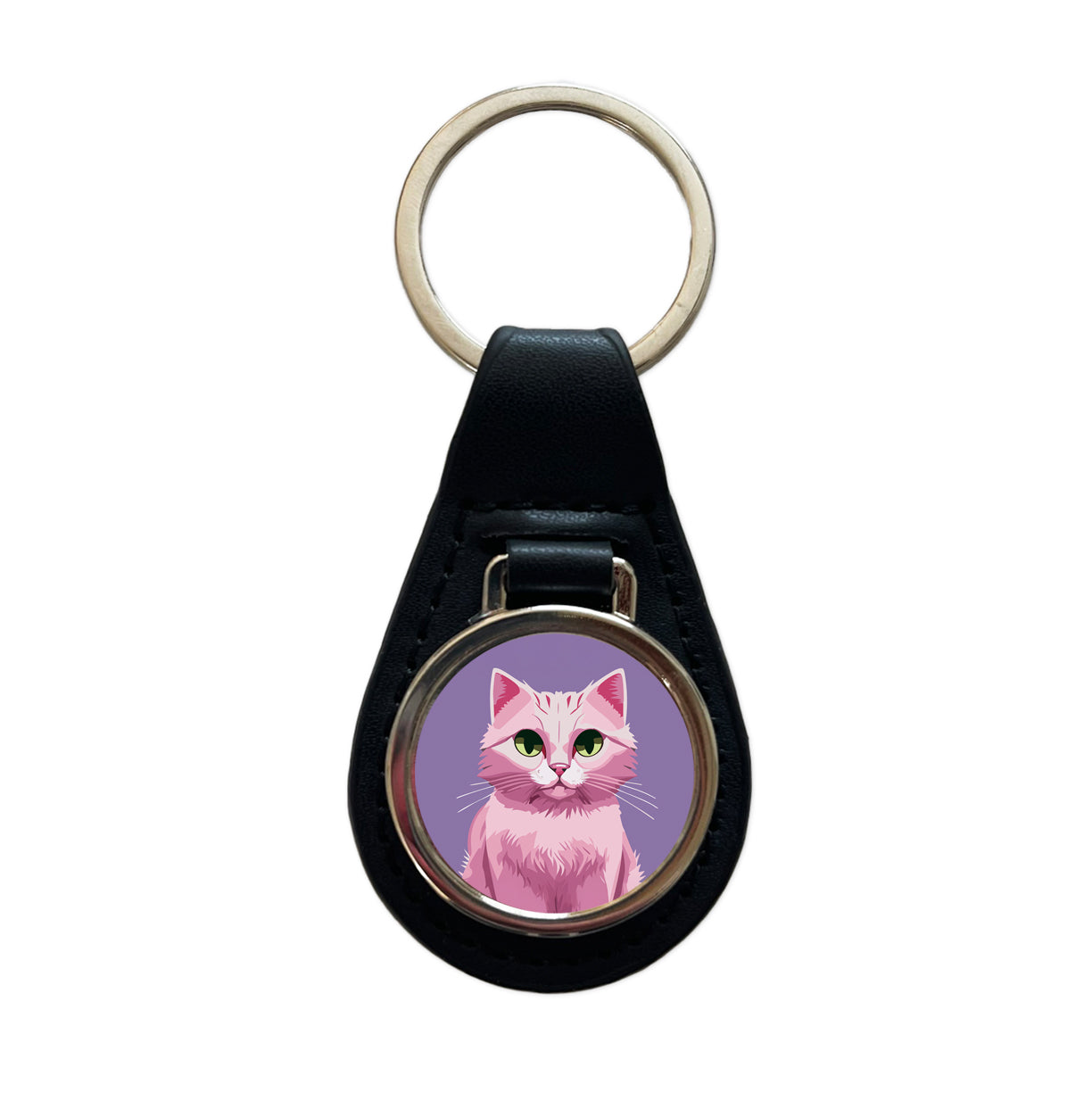 Cat Pink Black Leather Metal Keychain