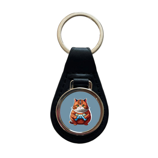 Cat Playing Game Gamer Gaming Chubby Black Leather Metal Keychain