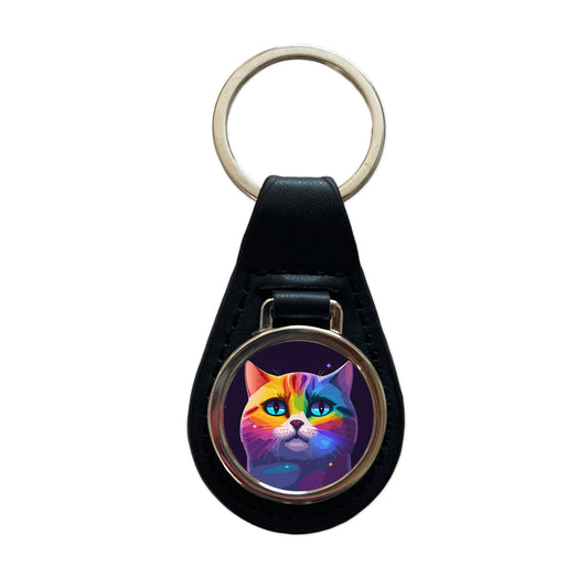 Cat Rainbow in Space Stunning Black Leather Metal Keychain