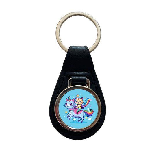 Cat Riding Caticorn Unicorn Funny Black Leather Metal Keychain