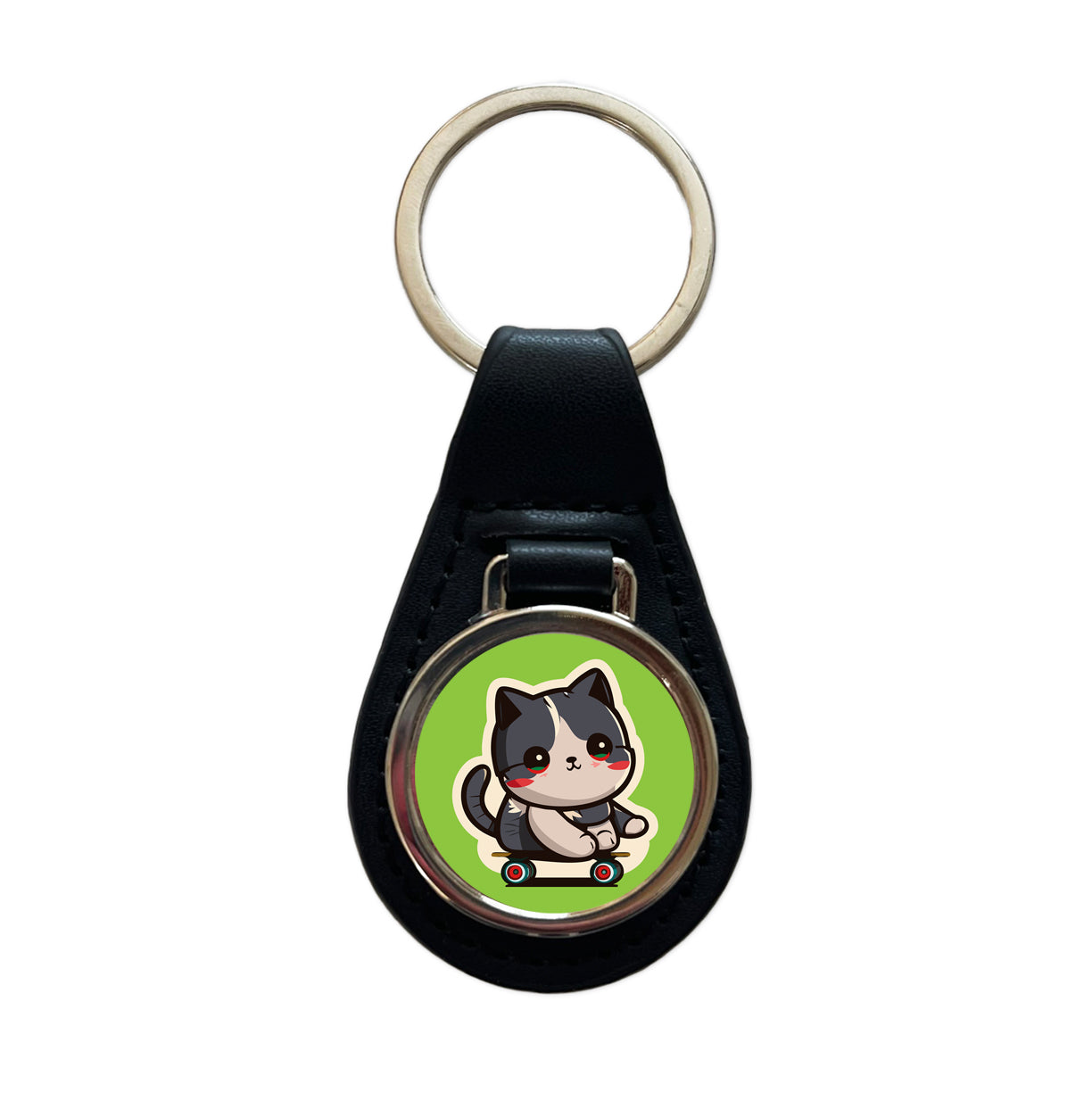 Cat Riding Skateboard Skater Kawaii Cute Black Leather Metal Keychain