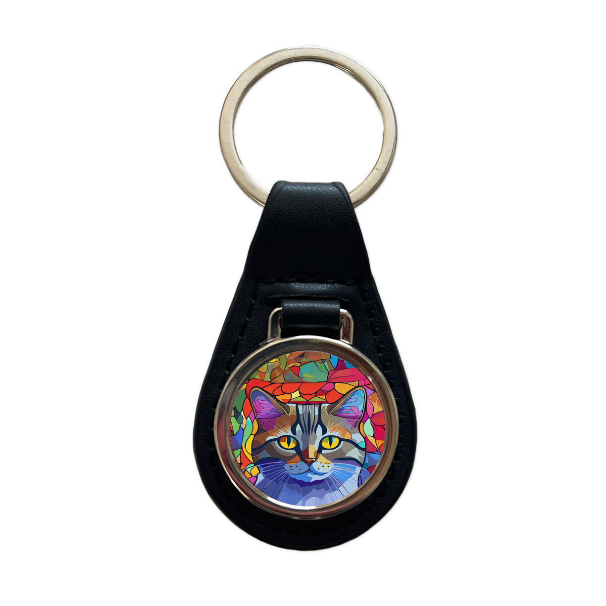 Cat Stained Glass Style Black Leather Metal Keychain