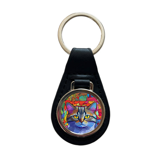 Cat Stained Glass Style Black Leather Metal Keychain