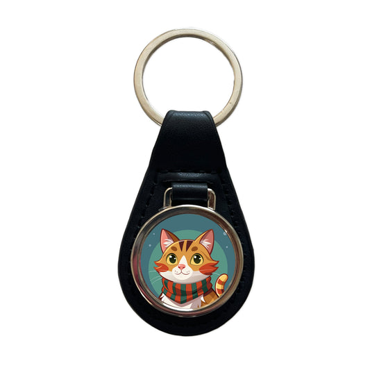 Cat Tabby Wearing Winter Scarf Black Leather Metal Keychain