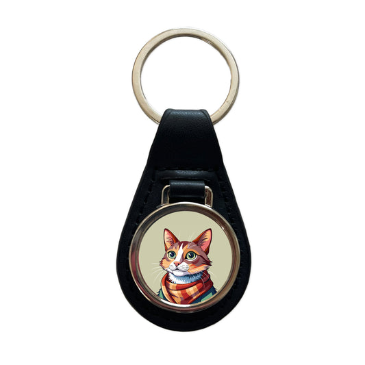 Cat Wearing Scarf Black Leather Metal Keychain