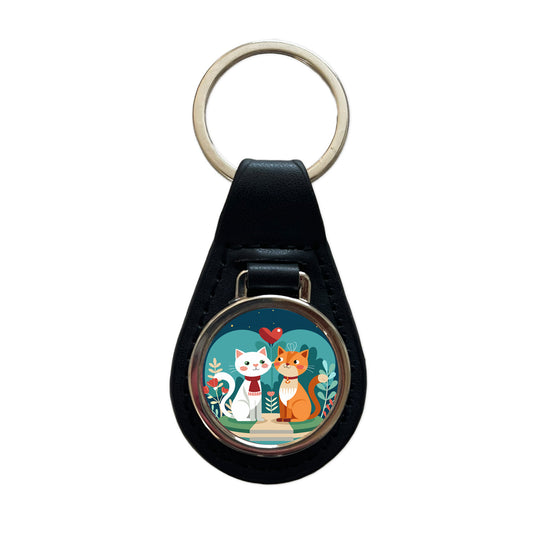 Cats in Love Anniversary Wedding Valentines Day Black Leather Metal Keychain