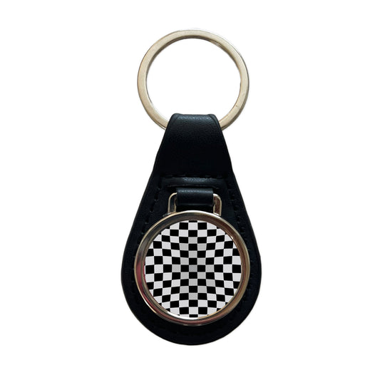 Checkered Flag Black White Black Leather Metal Keychain
