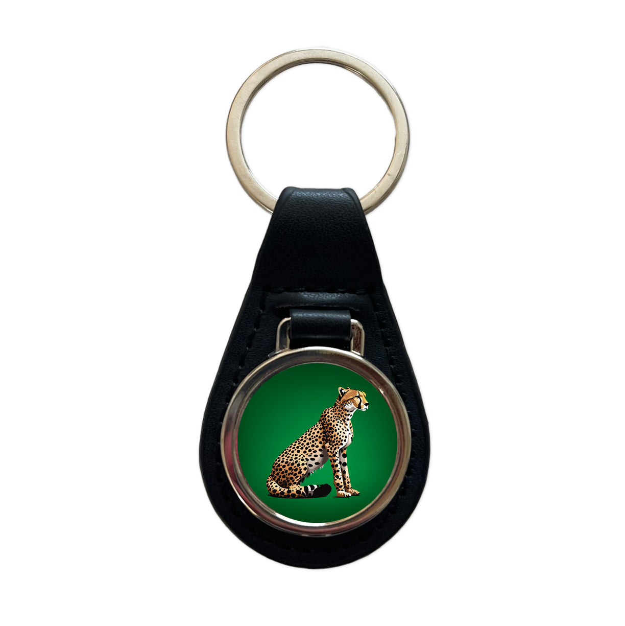 Cheetah Sitting Profile Big Cat Black Leather Metal Keychain