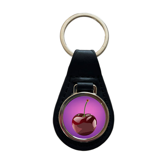 Cherry Fruit Black Leather Metal Keychain