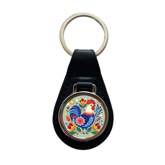 Chicken Rooster Floral Flowers Black Leather Metal Keychain