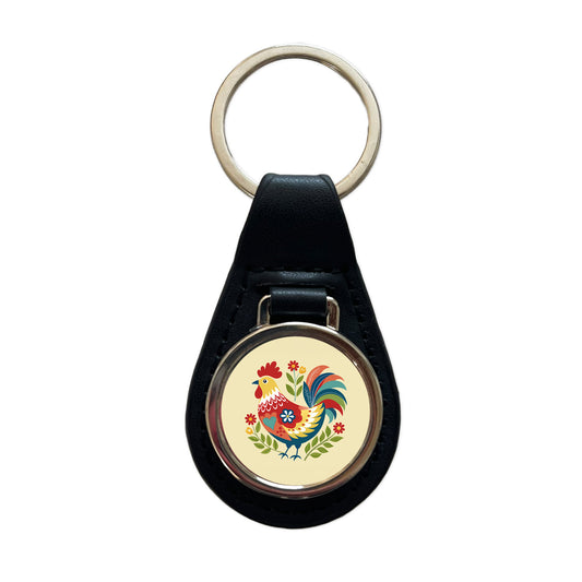 Chicken Rooster Flowers Black Leather Metal Keychain