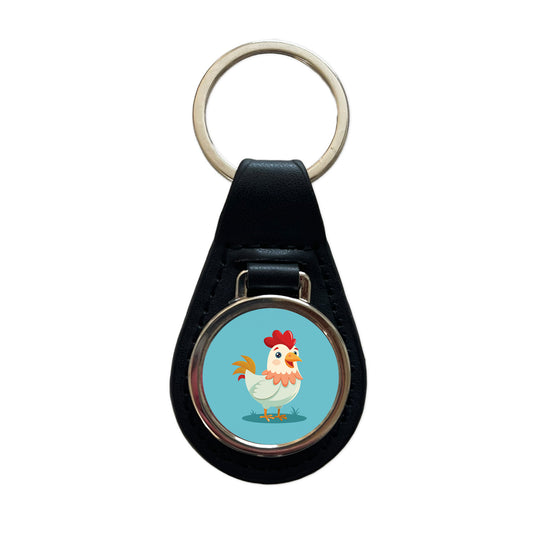 Chicken Rooster Happy Black Leather Metal Keychain