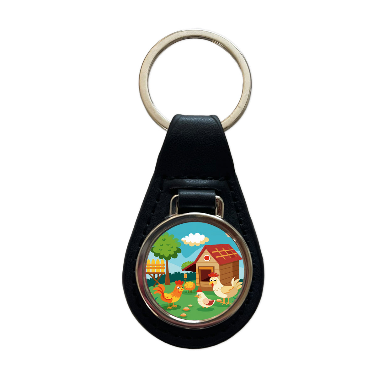 Chickens and Coop Cute Black Leather Metal Keychain