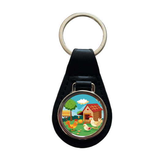 Chickens and Coop Cute Black Leather Metal Keychain