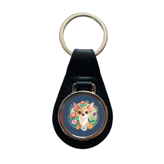 Chihuahua Dog Floral Flowers Black Leather Metal Keychain