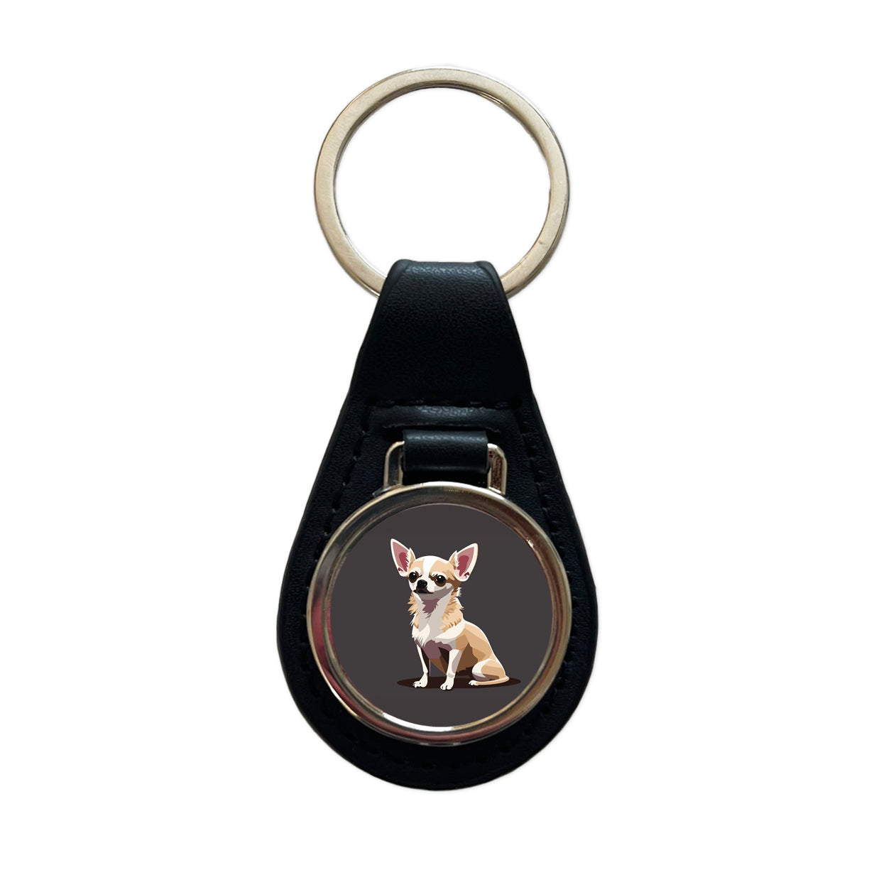 Chihuahua Dog Sitting Black Leather Metal Keychain