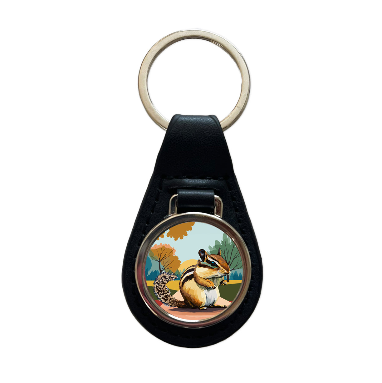 Chipmunk Watercolor Black Leather Metal Keychain