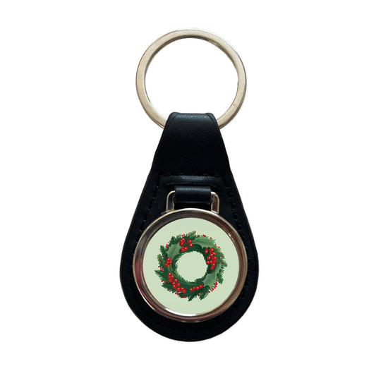 Christmas Wreath Holly Black Leather Metal Keychain